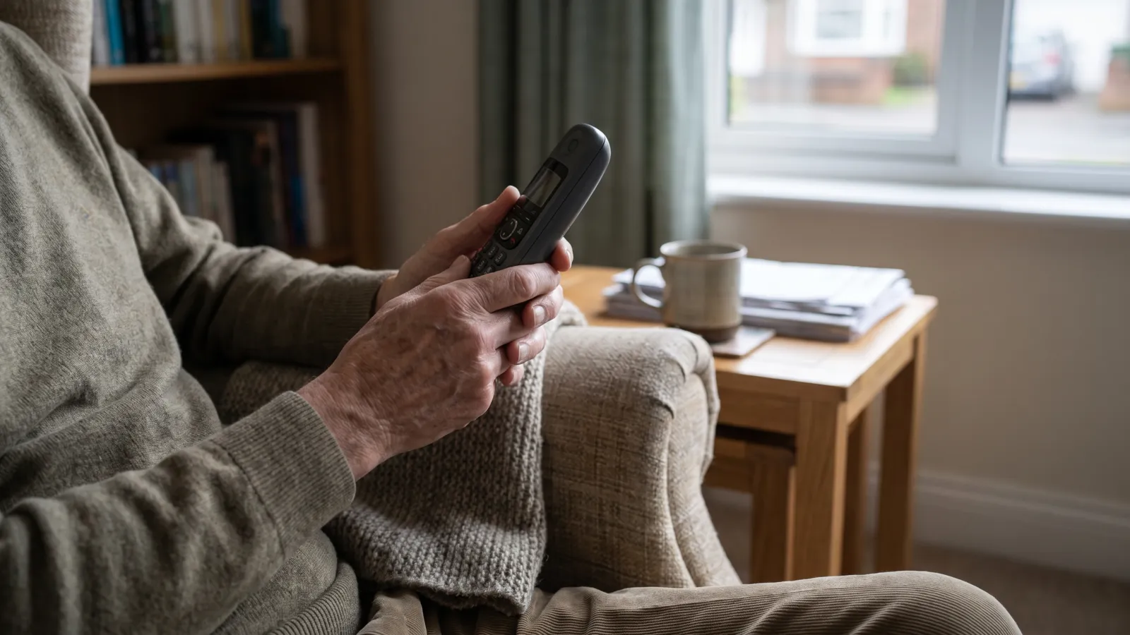 Close-up of an older person’s hands holding a cordless landline handset away from their ear, seated in an armchair in a tidy living room; their face is not shown