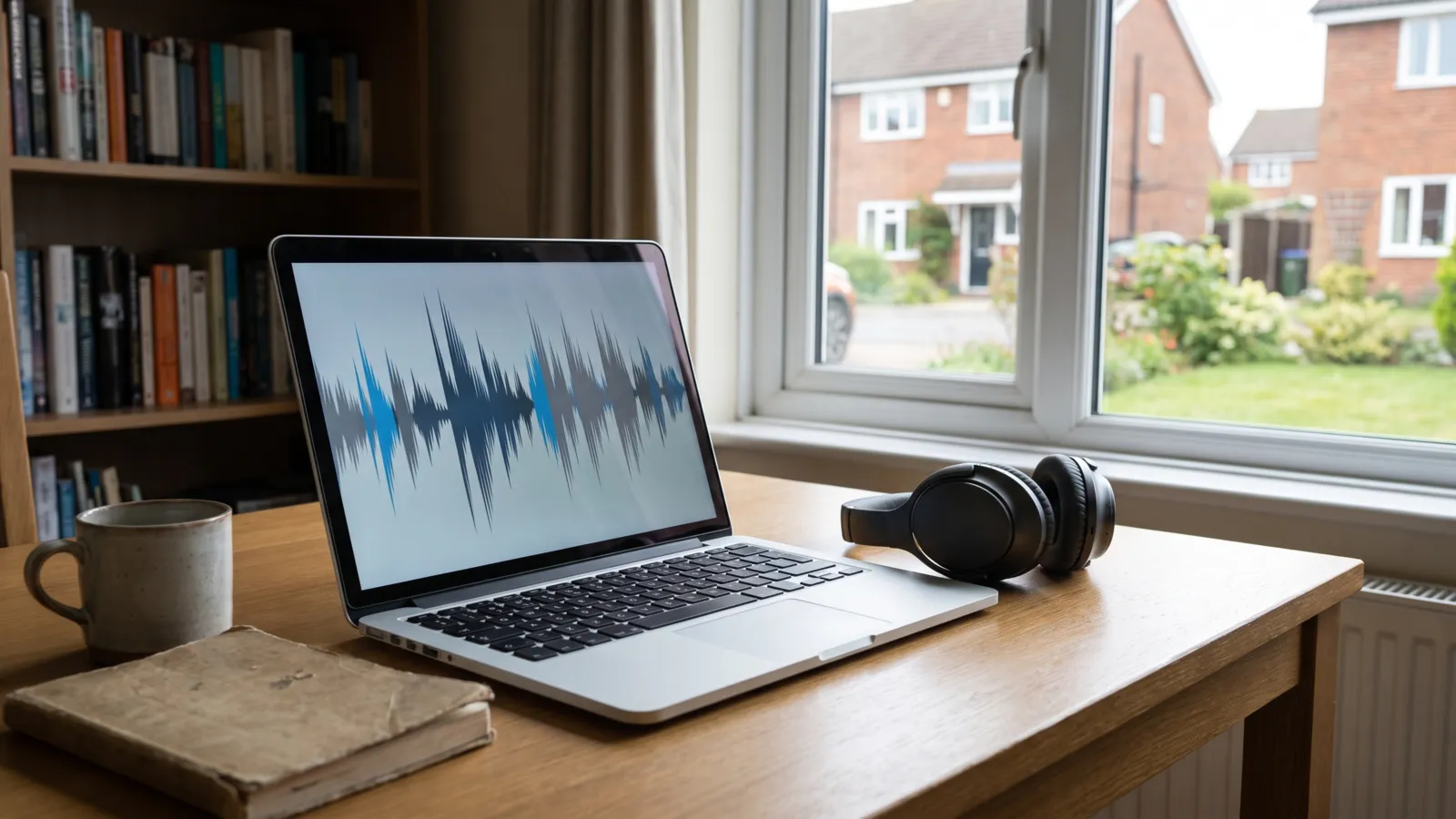 A laptop on a home desk showing an abstract audio waveform on its screen, with a pair of headphones resting beside it