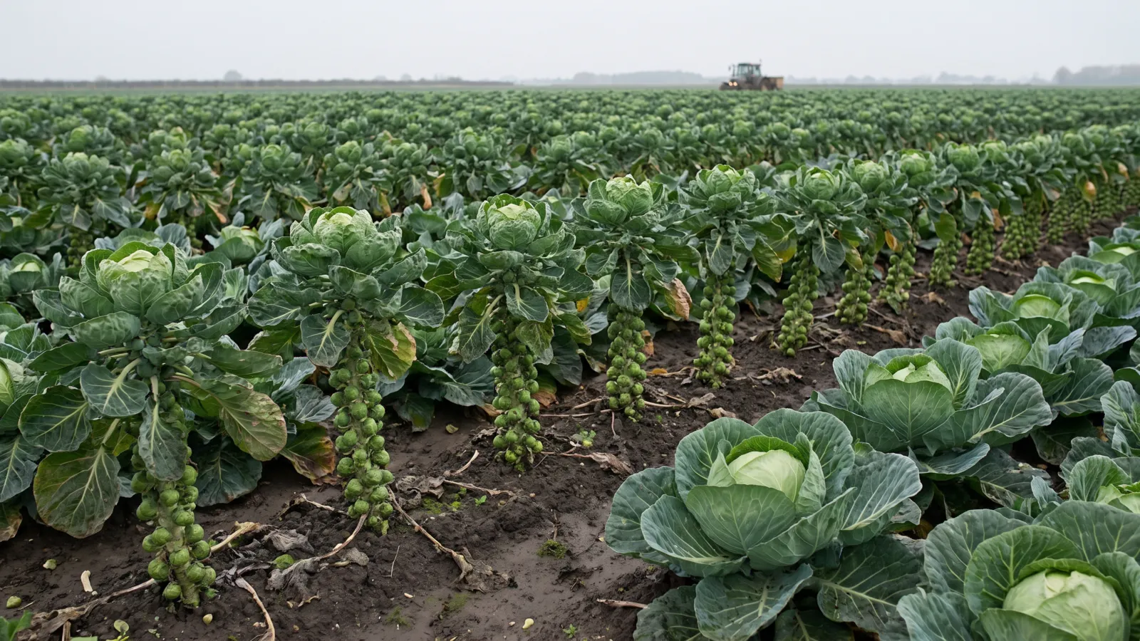 Rows of Brussels sprout stalks in a flat, wet Lincolnshire field under a grey sky