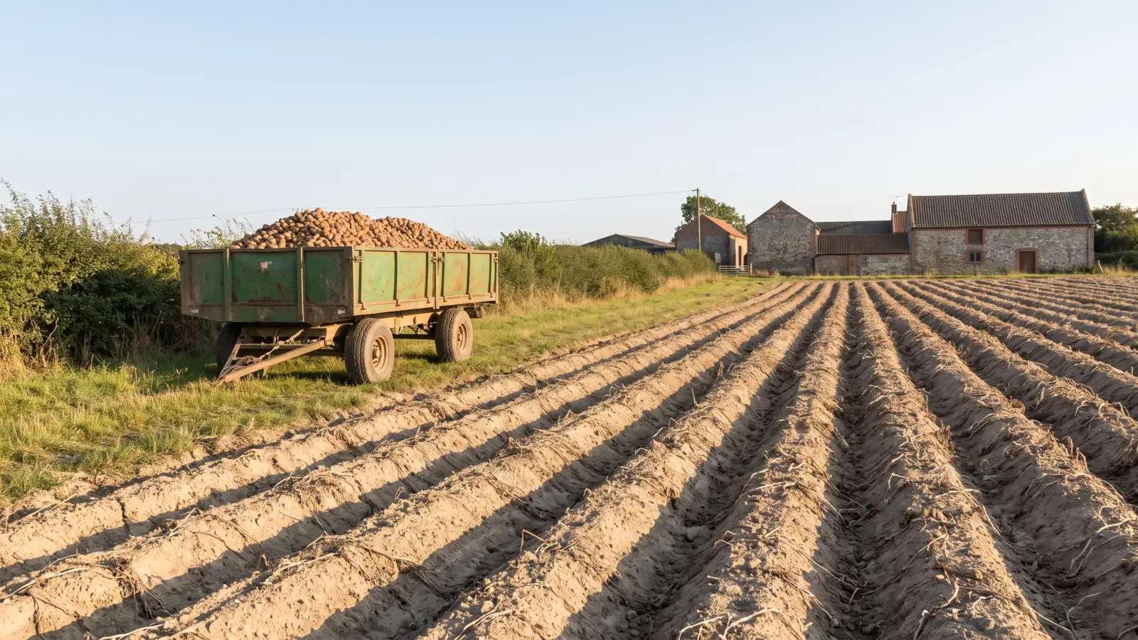 A dry, harvested potato field in Norfolk with a trailer of potatoes beside the field edge