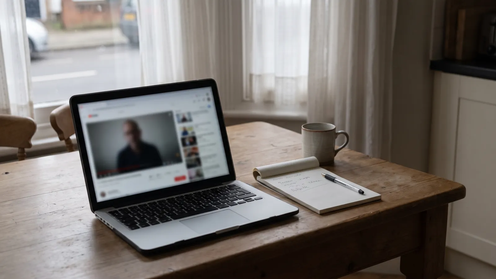 A laptop open on a kitchen table playing a video in which the presenter’s face is blurred beyond recognition, with a notepad and pen beside it