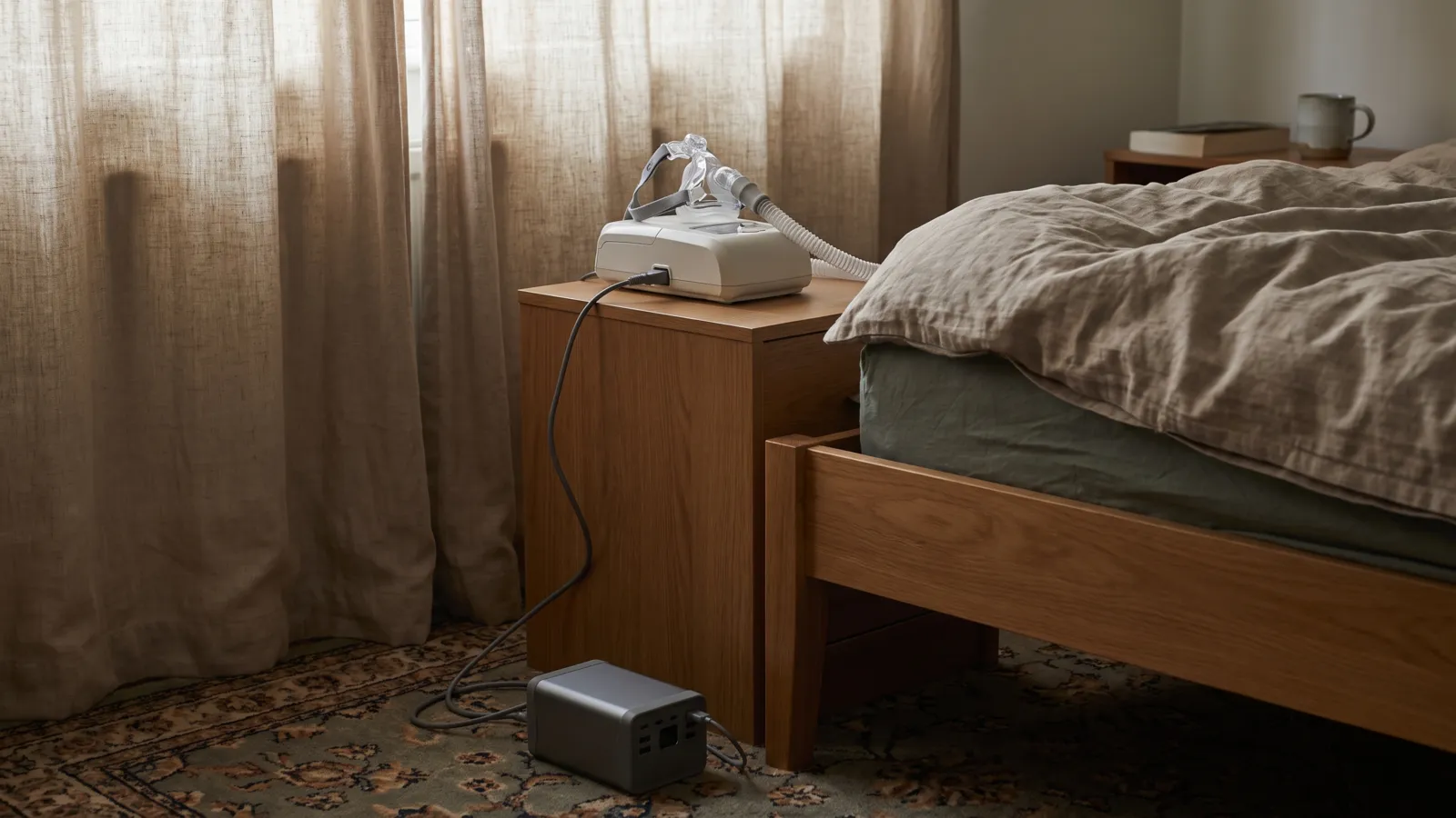 A CPAP machine on a bedside table connected to a portable power station on the bedroom floor