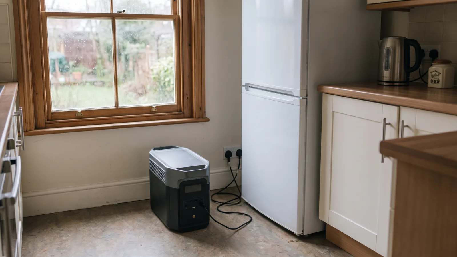 Mid-size power station on a kitchen floor connected to a fridge-freezer