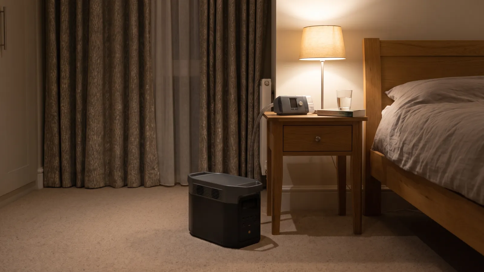CPAP machine on a bedside table with a power station on the floor beside the bed