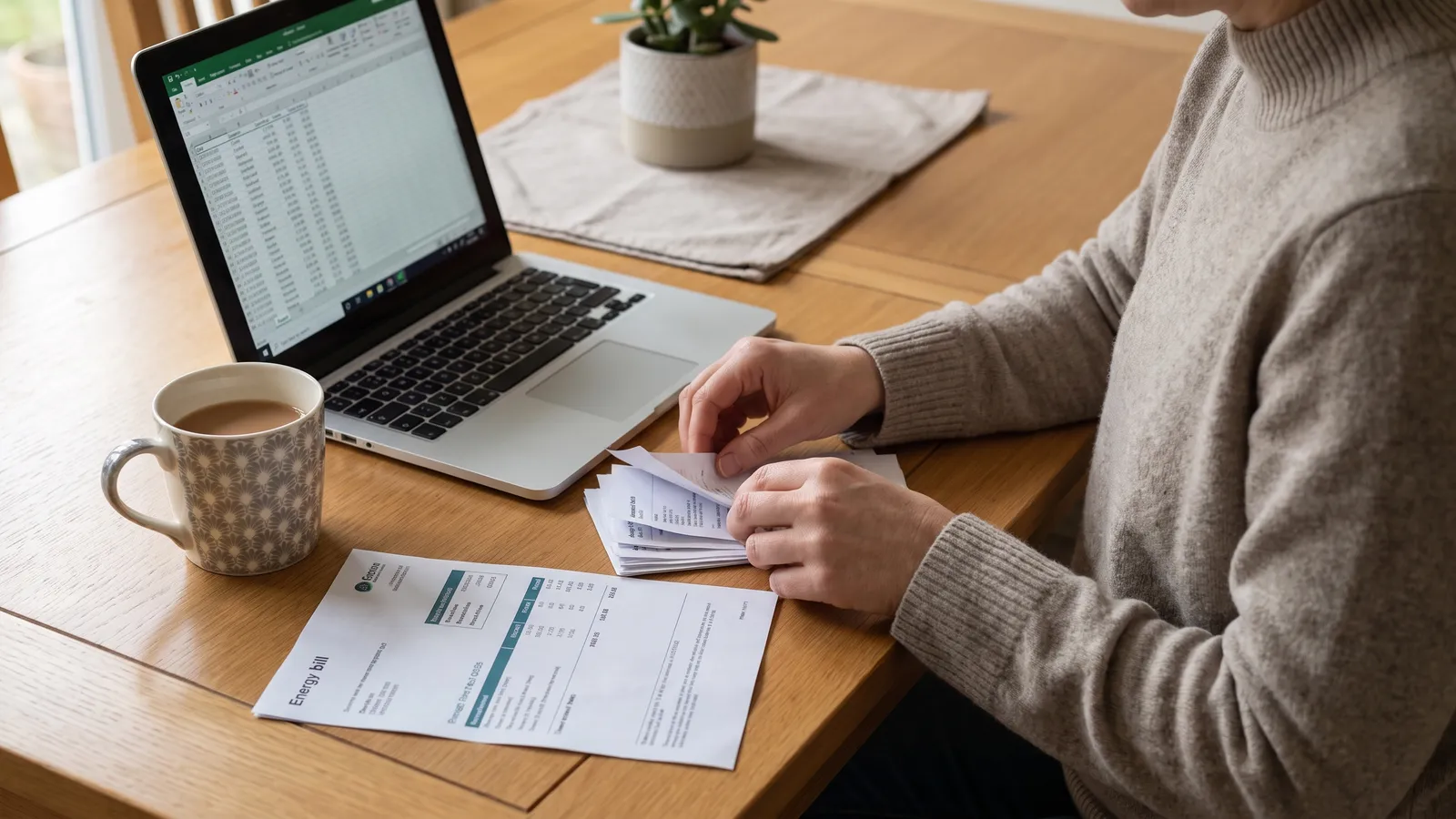 Sorting through an energy bill at a kitchen table