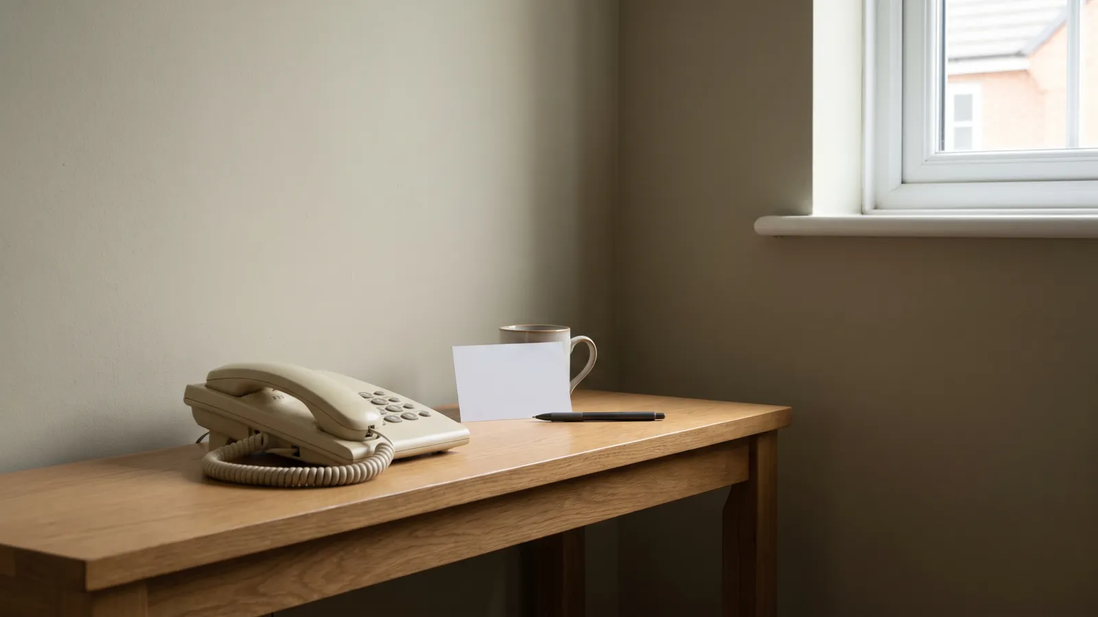 A traditional landline telephone on a hallway table, with a small blank index card and a pen propped against it