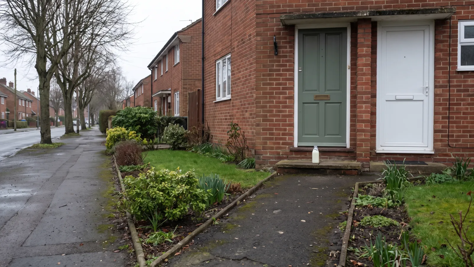 Two neighbouring front doors on a quiet British street on an overcast morning