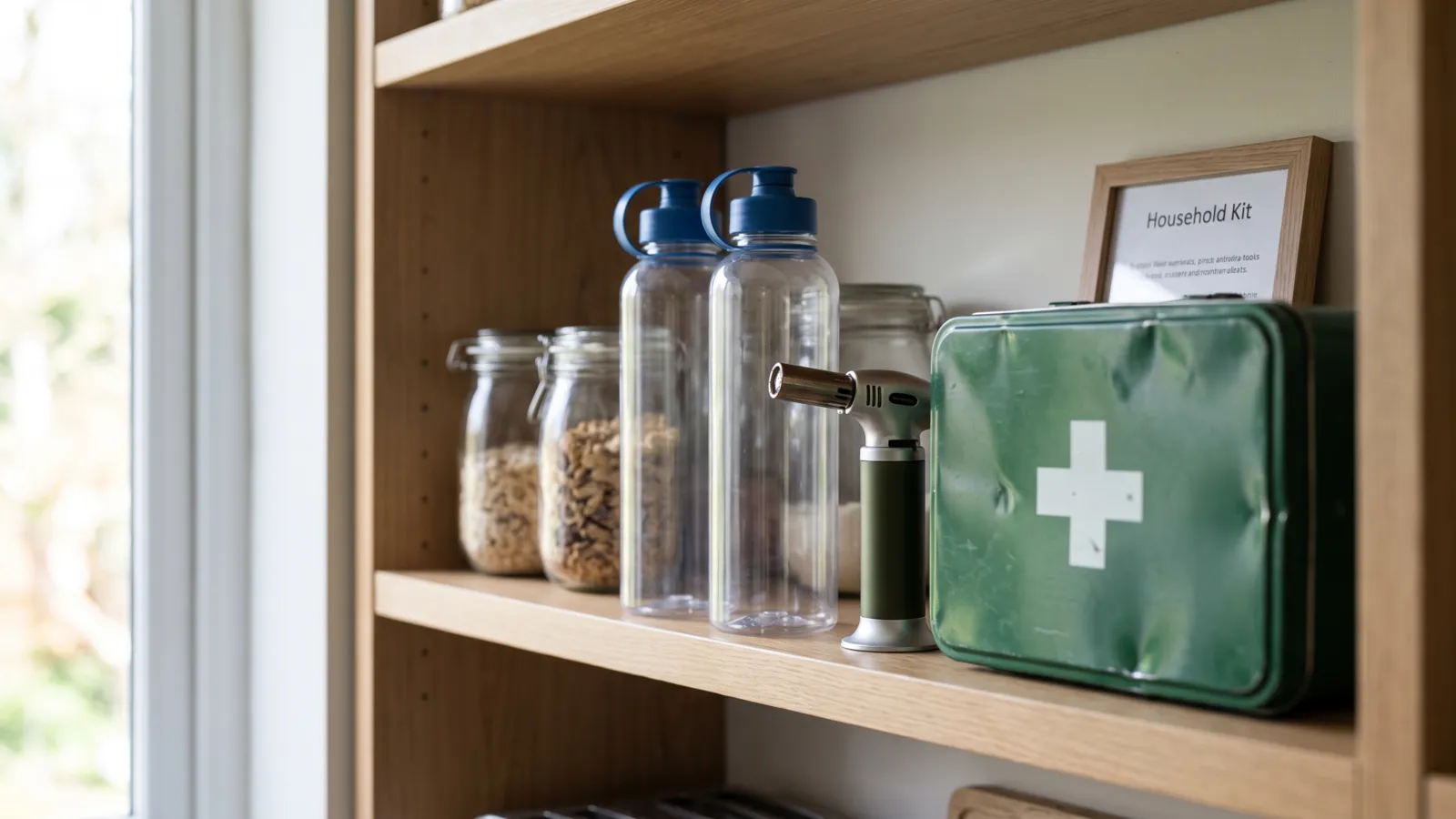 A larder shelf in a UK kitchen with water bottles, a torch and a first-aid tin
