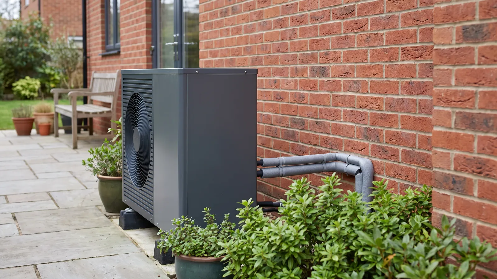 An air-source heat pump installed against the wall of a British home
