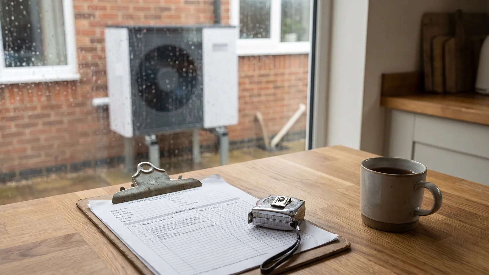 A heating engineer's survey paperwork on a kitchen worktop