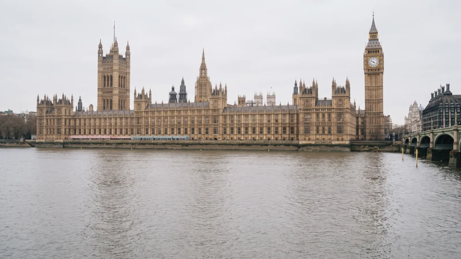The Palace of Westminster seen across the river on an overcast afternoon