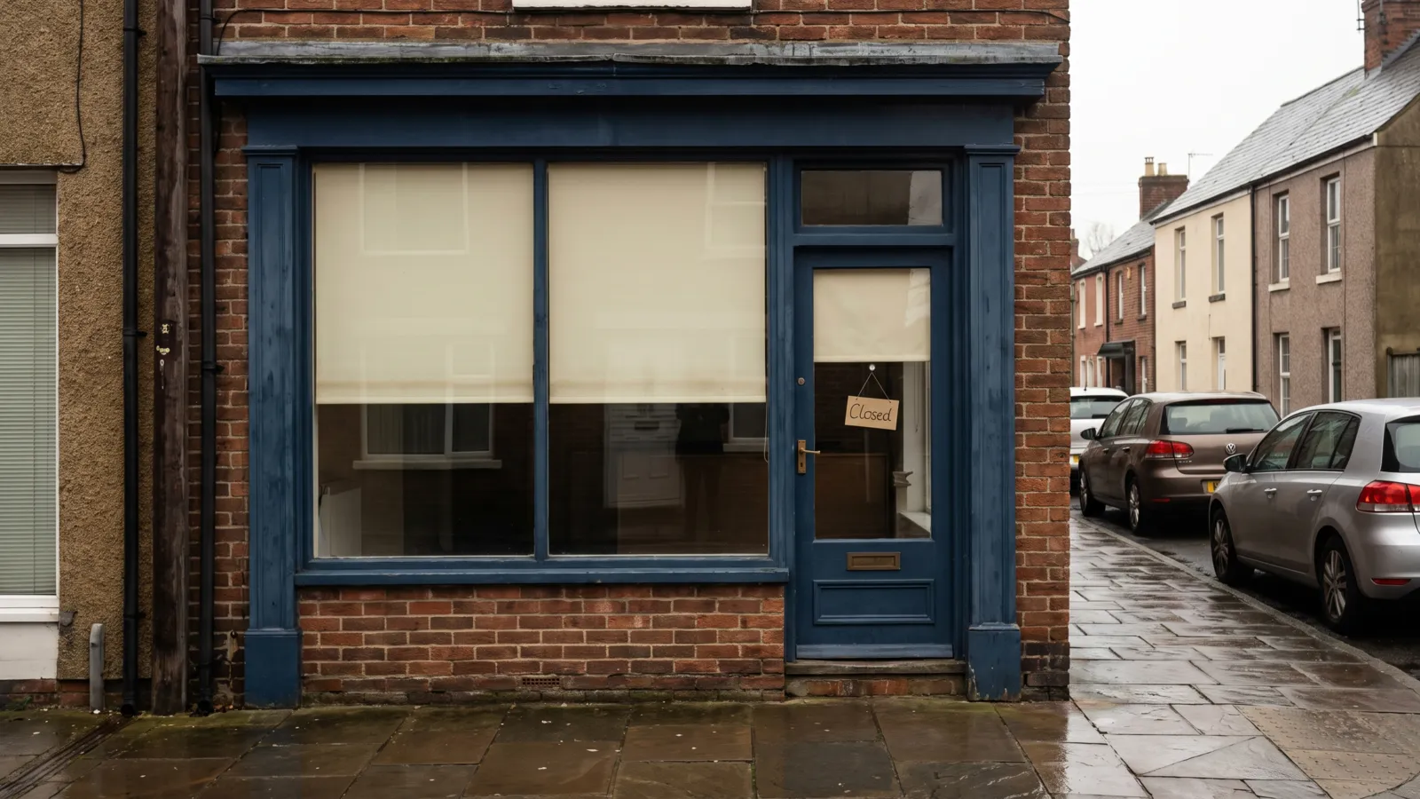 A quiet British recruitment office shopfront on a high street in the early morning, blinds half open, no people