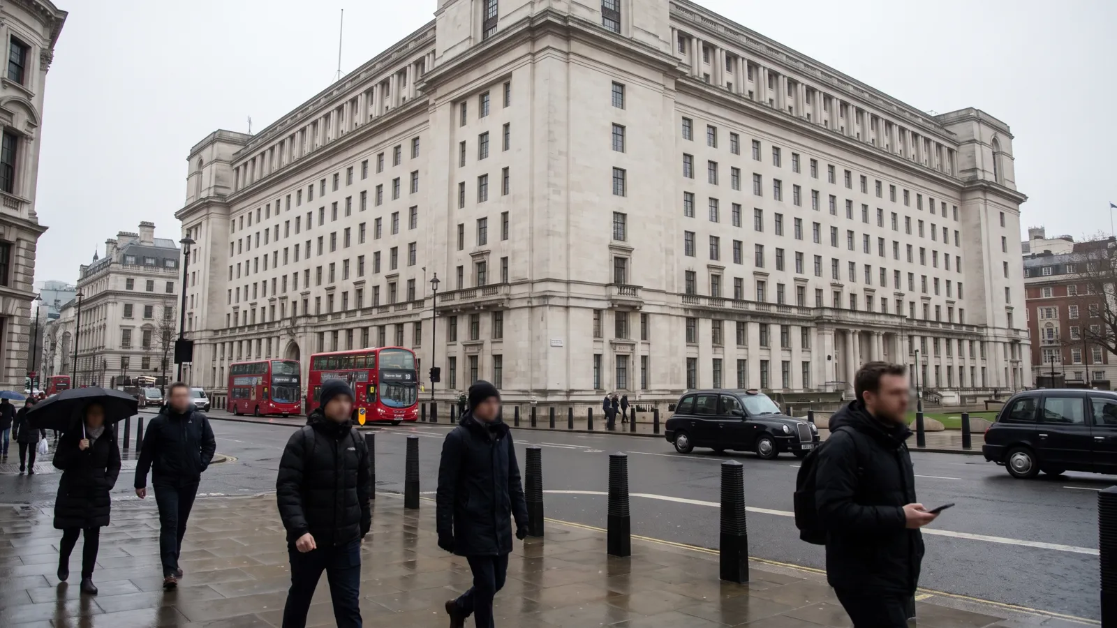 The Ministry of Defence main building in Whitehall on an overcast day
