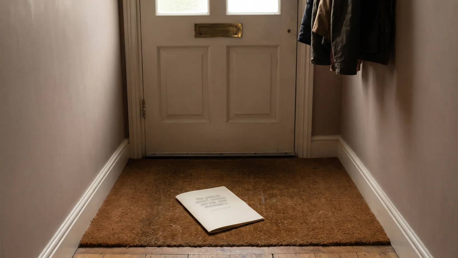 A printed emergency-advice booklet lying on a doormat inside a front door