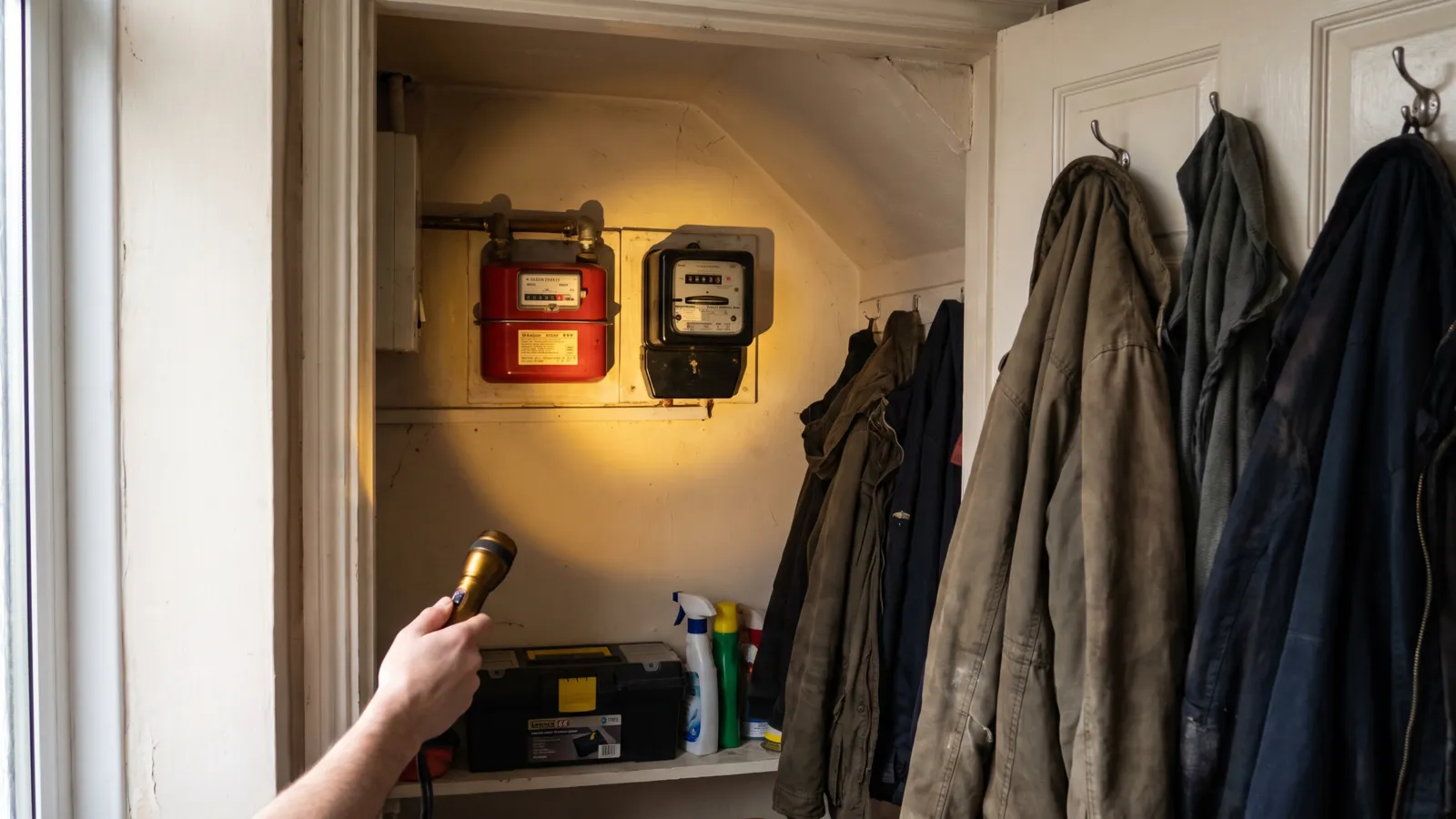 Gas and electricity meters in an under-stairs cupboard of a UK home.