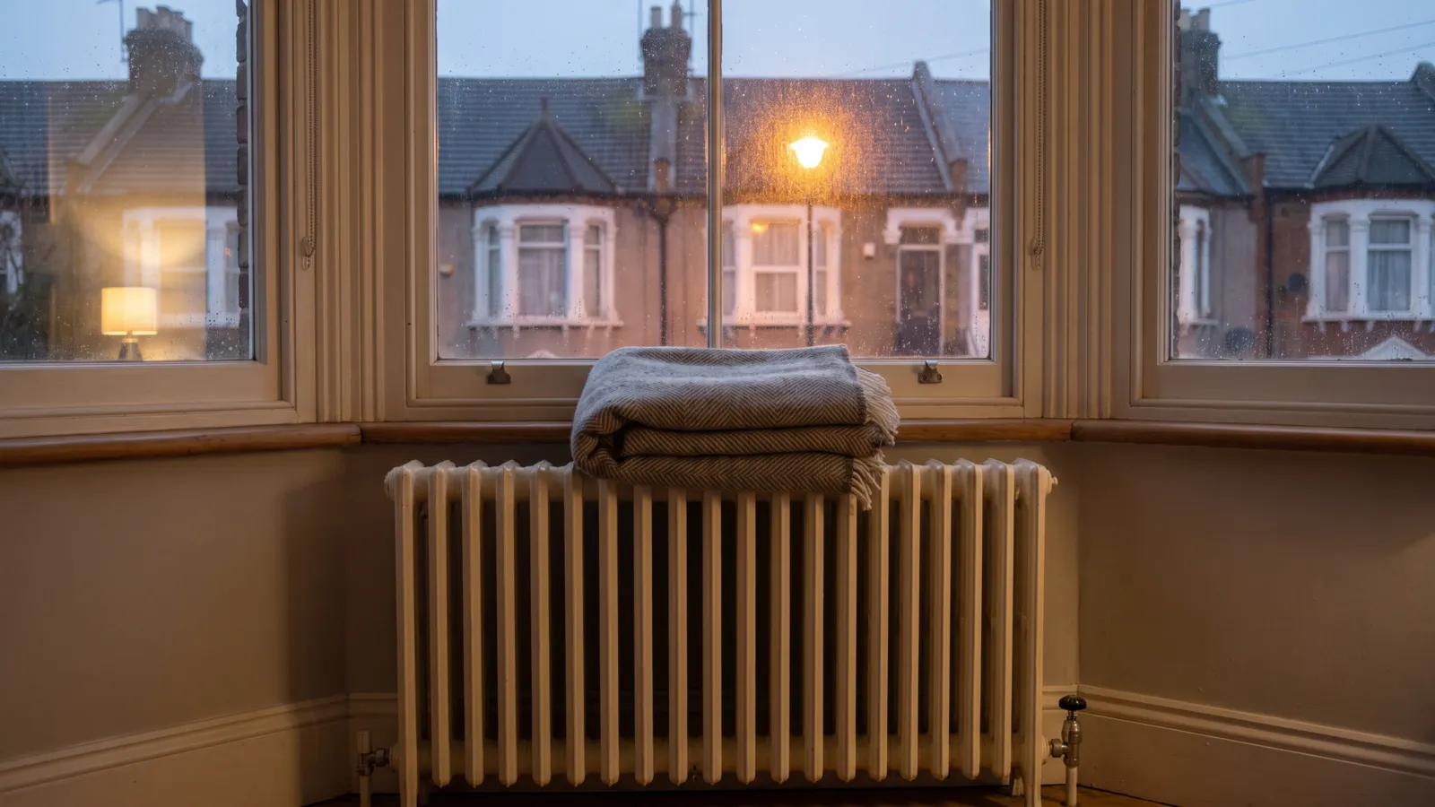 A radiator under a bay window at dusk in a UK living room.