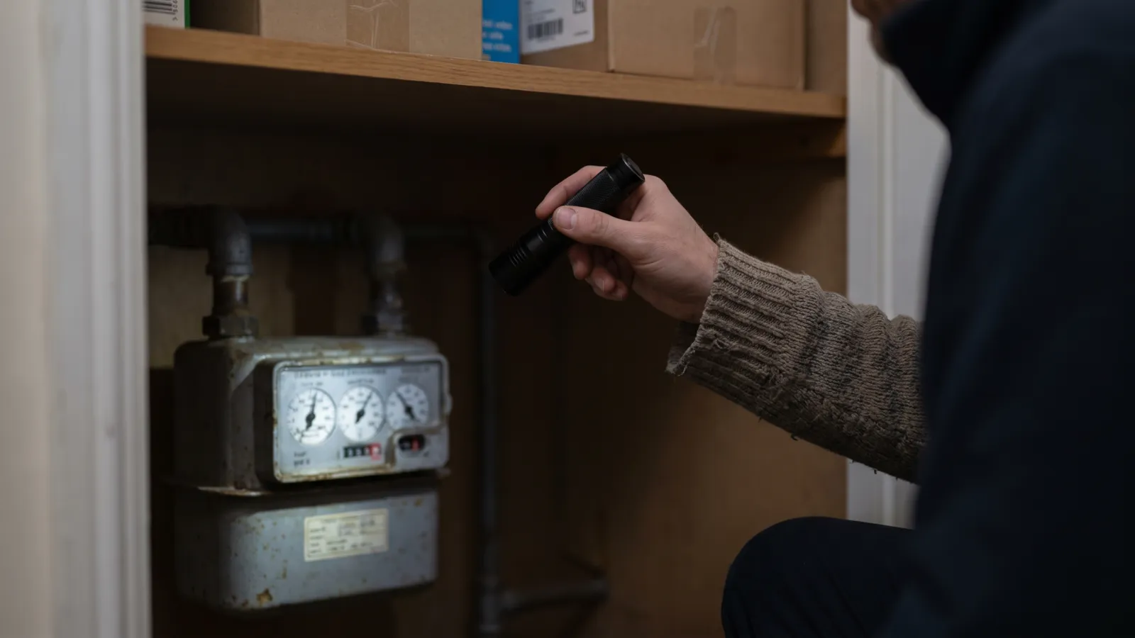 A hand holding a torch to read the dials on a gas meter in a cupboard under the stairs