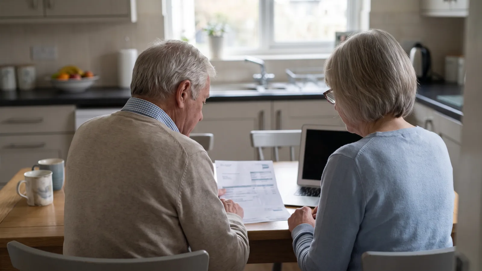 An older couple at a kitchen table looking through an energy bill together with a laptop open