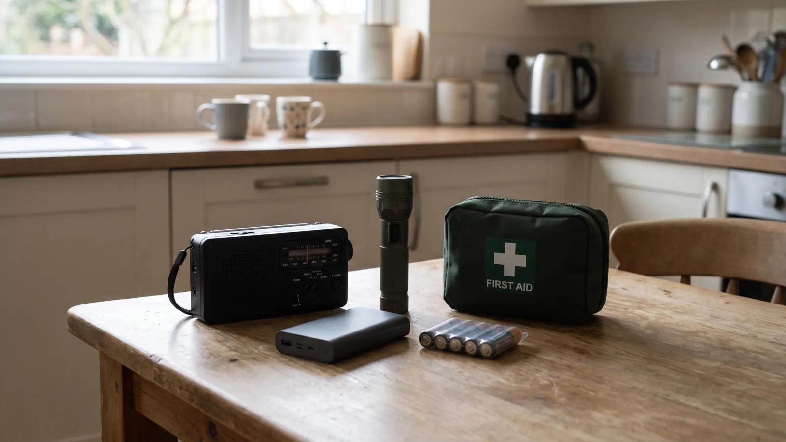 A torch, a wind-up radio, a power bank, batteries and a small first aid kit laid out on a kitchen table