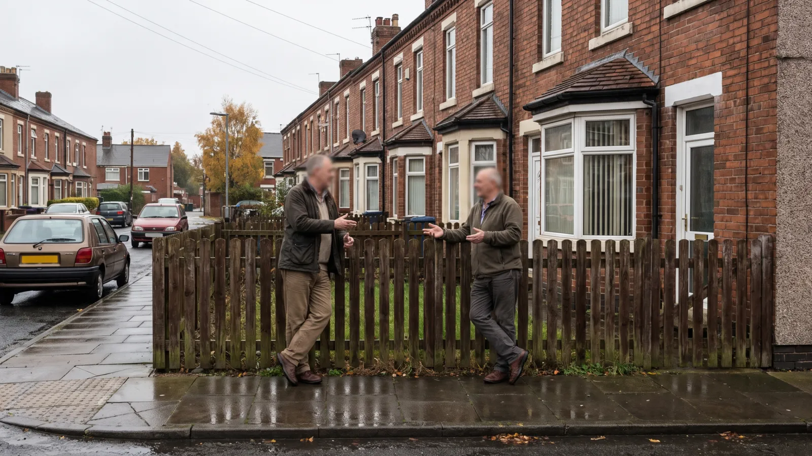 Two neighbours talking over a low garden fence on a British terraced street