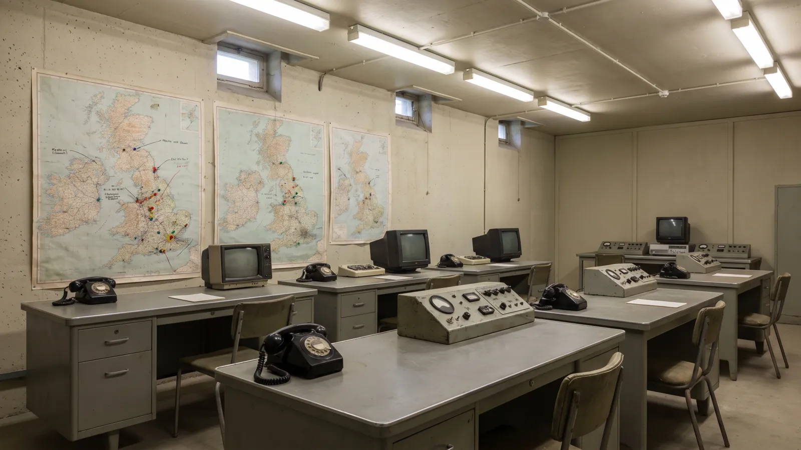 A preserved control room inside a Cold War bunker museum, with wall maps and period telephones