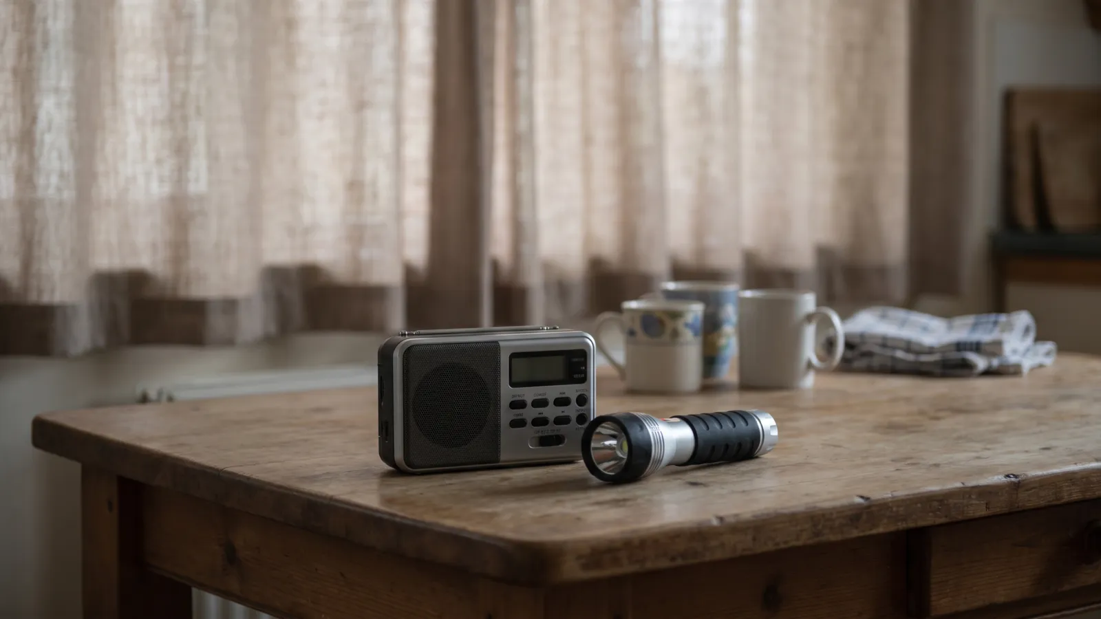 A battery radio and a torch on a kitchen table in an ordinary British home