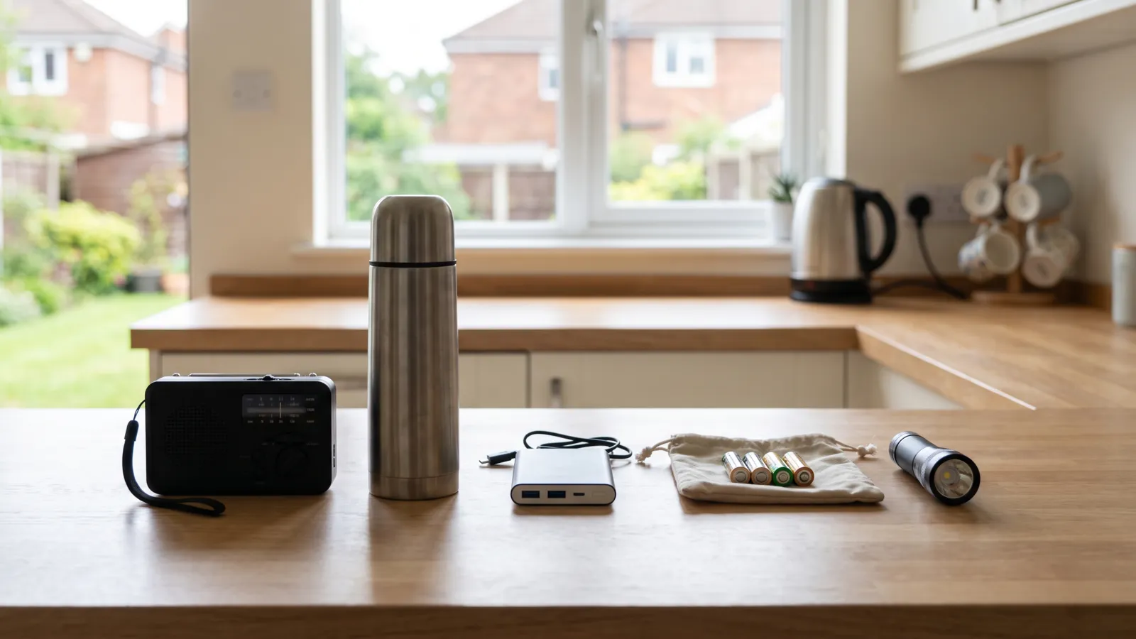 A torch, a wind-up radio, a power bank, spare batteries and a flask laid out on a kitchen worktop