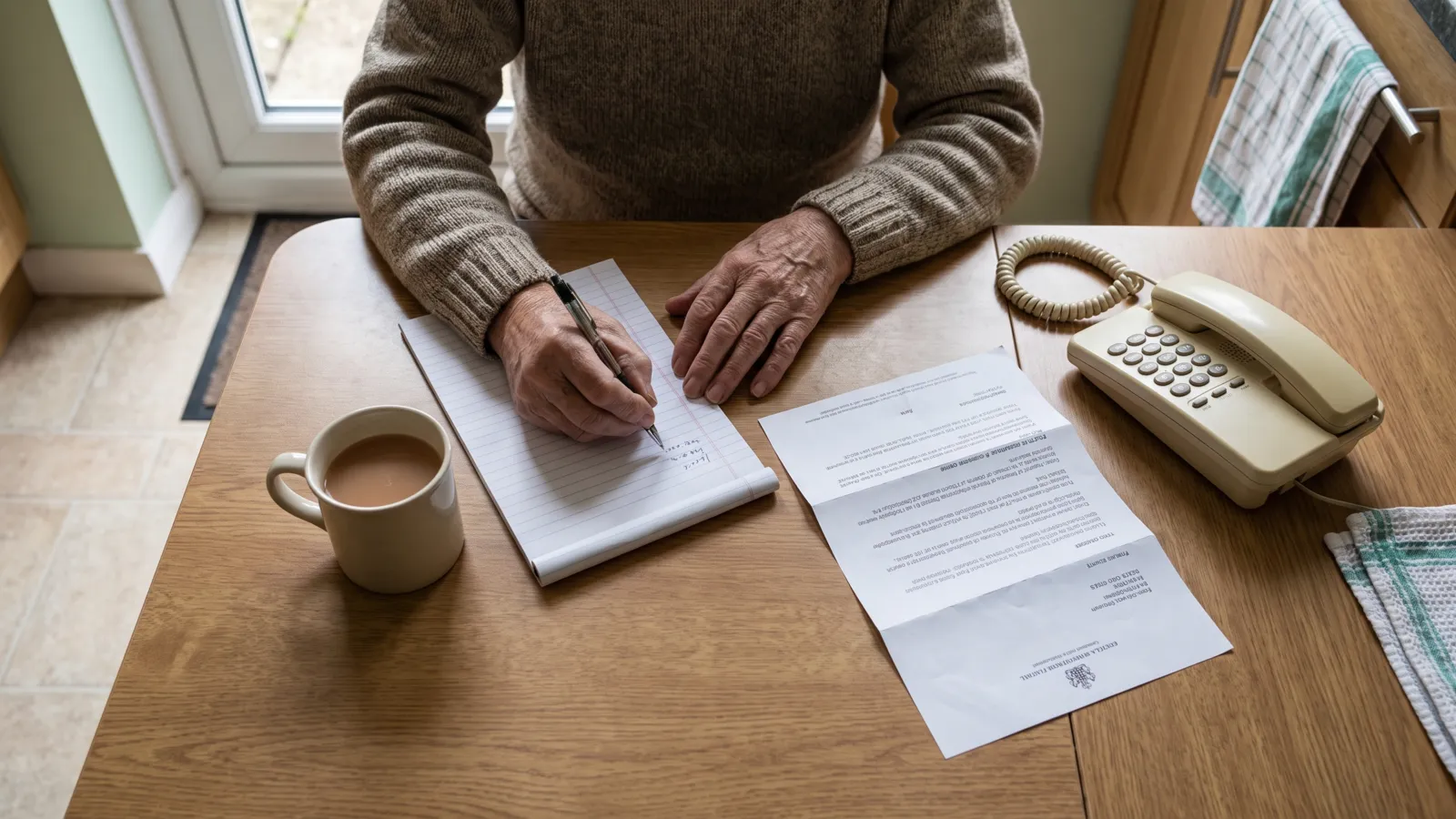 Hands writing a note at a kitchen table beside a landline phone and a printed letter