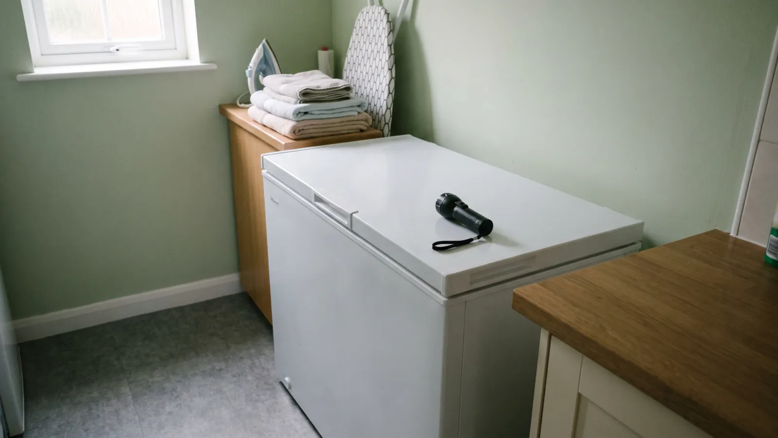 A chest freezer with its lid closed in a utility room
