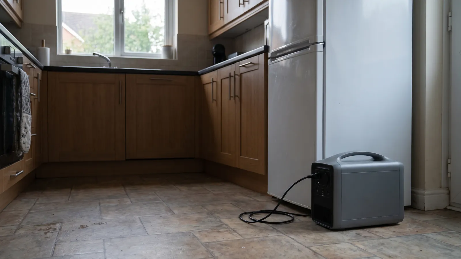 A portable power station plugged into a fridge freezer during a power cut