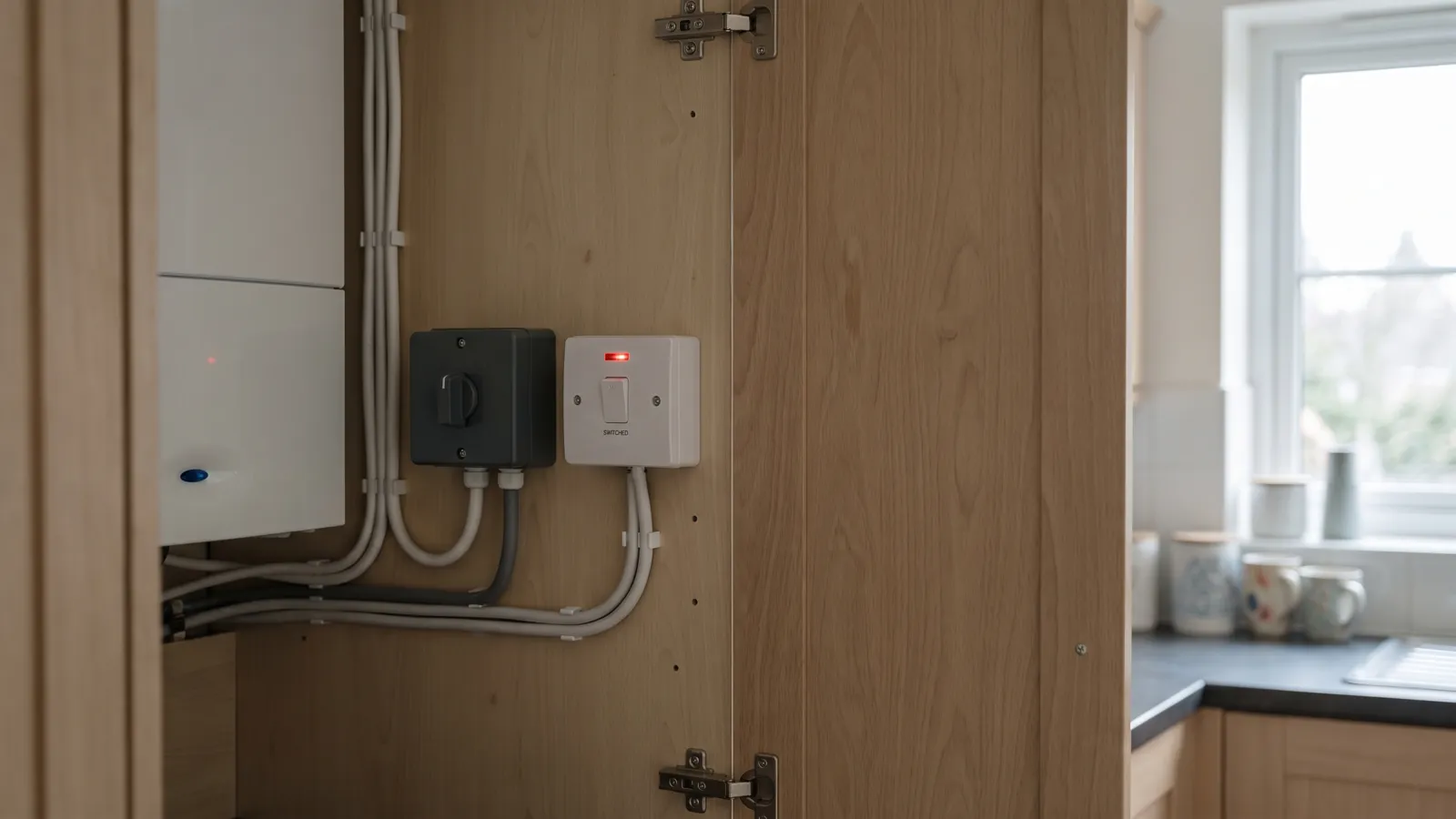 A manual changeover switch mounted beside a boiler’s switched fused spur in a kitchen cupboard