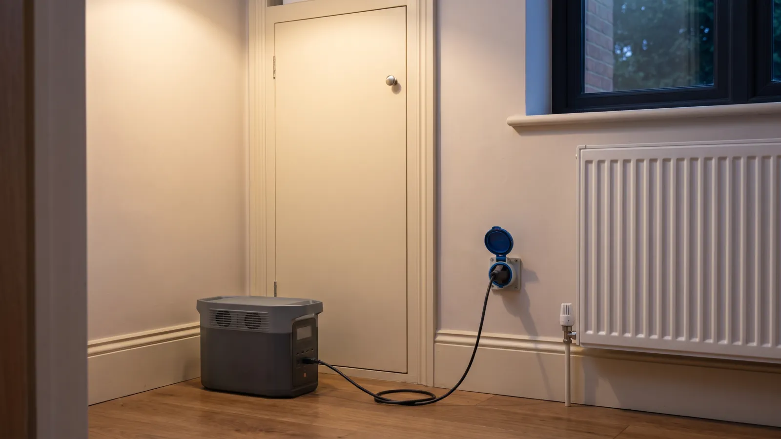 A portable power station plugged into an electrician-fitted power inlet beside a boiler cupboard during an evening power cut