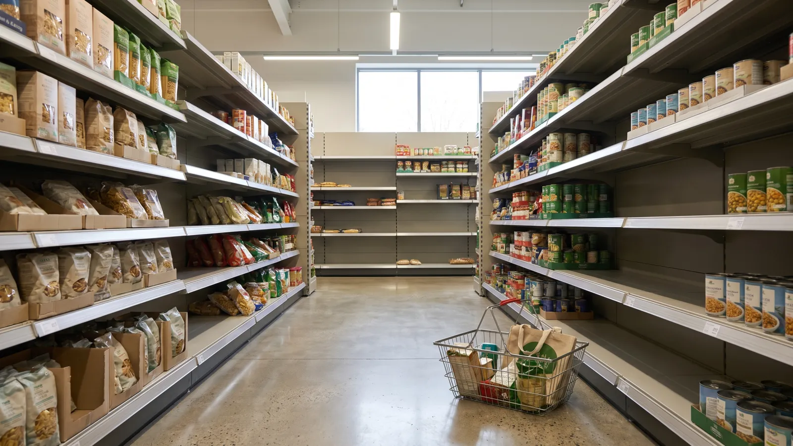 A supermarket aisle with gaps on some shelves and a shopping basket on the floor