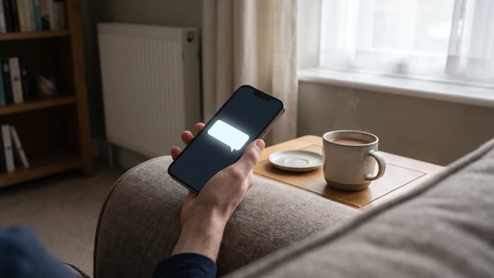 A hand holding a phone showing a new message, a cup of tea on the side table