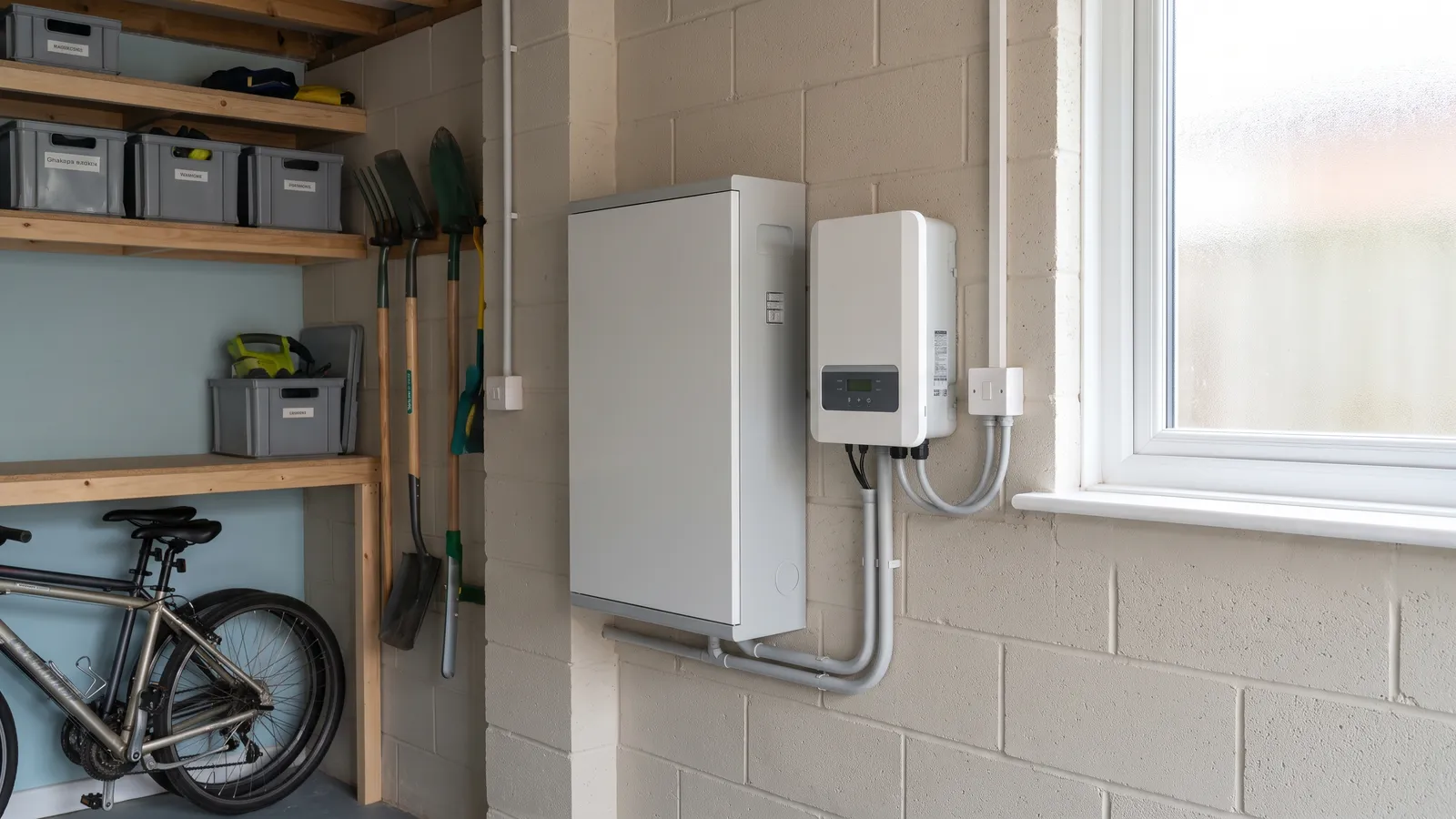 A home battery and inverter installed in a tidy British garage