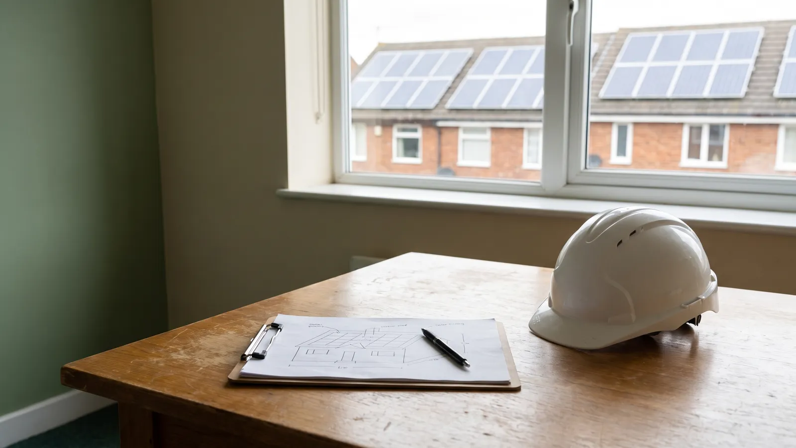 A solar installer's roof survey paperwork and hard hat on a table