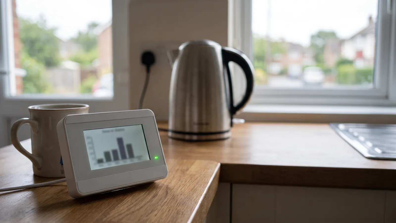 A close-up of a smart meter in-home display on a kitchen worktop showing a plain usage graph, a kettle out of focus behind it