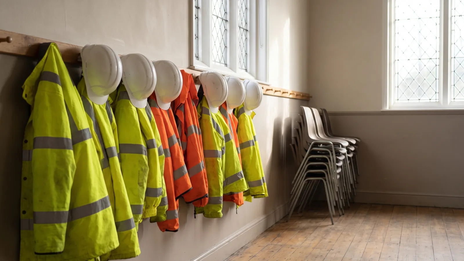 A row of high-visibility jackets and helmets hanging on pegs in a village hall
