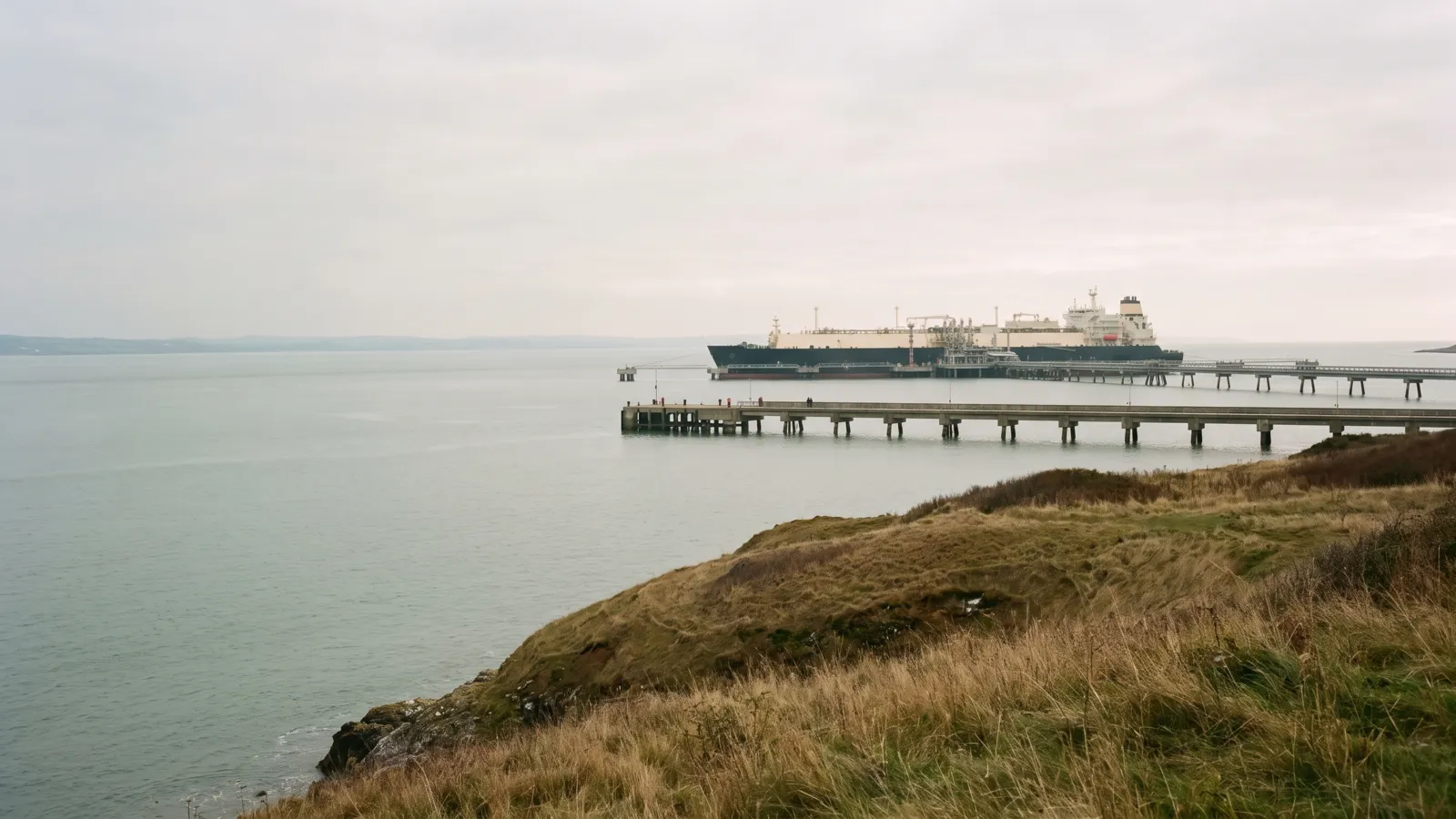 An LNG tanker moored at a jetty across a calm estuary, seen from a grassy headland