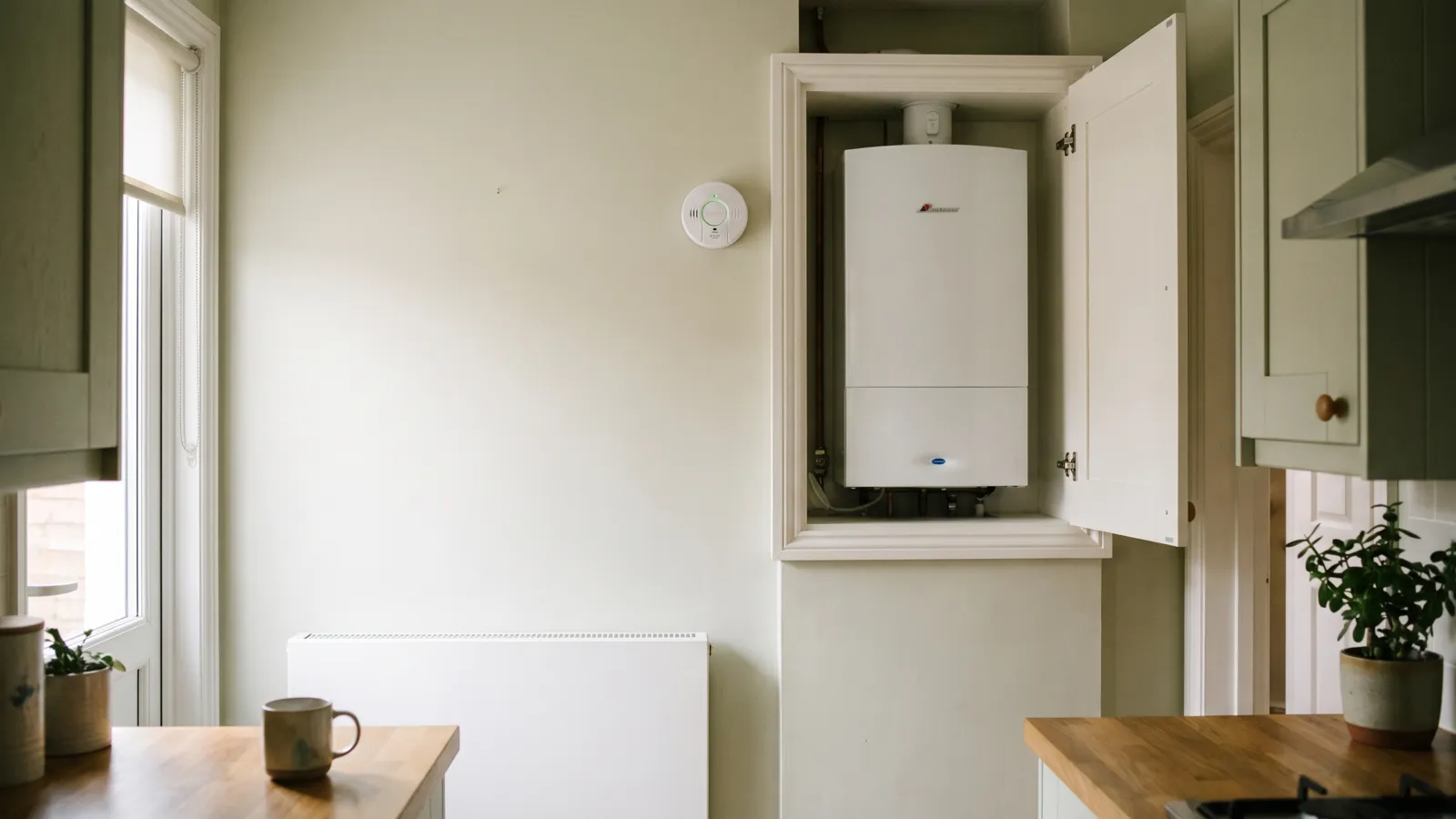 A wall-mounted boiler in a kitchen cupboard with a carbon monoxide alarm fitted on the wall beside it