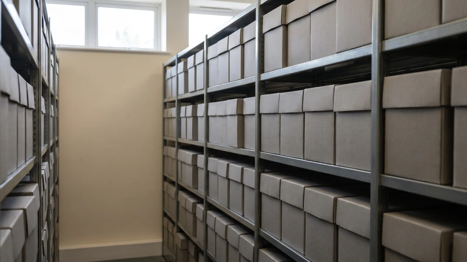 Rows of grey archive boxes on metal shelving in a records store