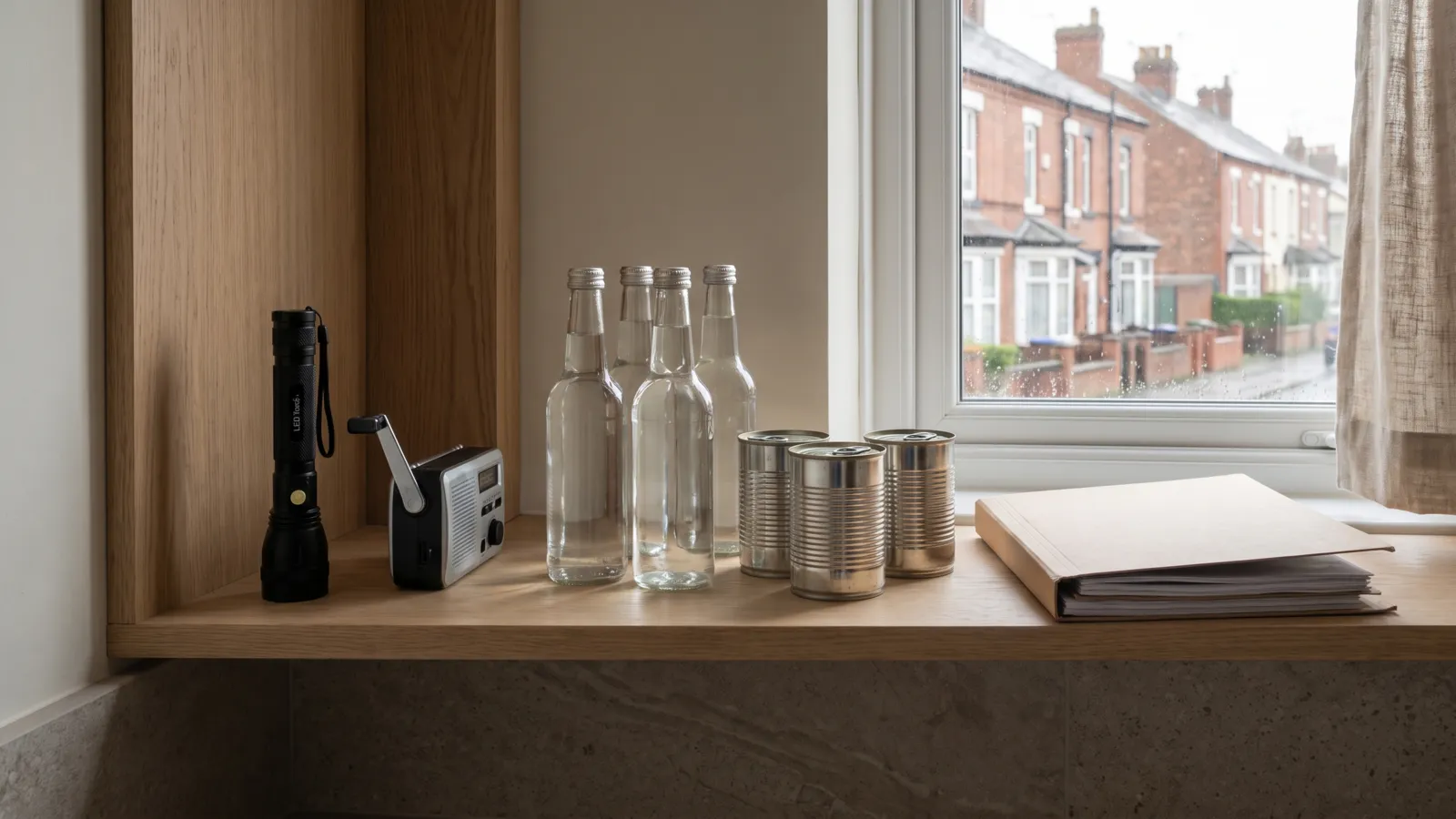 A tidy shelf in a British home with a torch, a wind-up radio, bottled water and a folder of papers