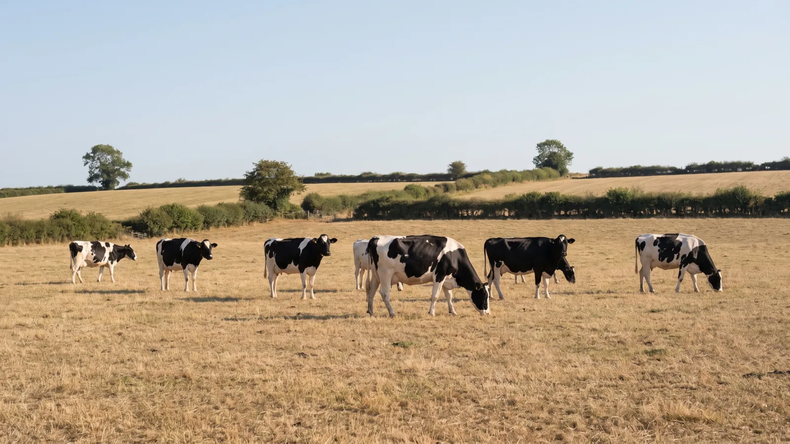 Dairy cows grazing a dry, yellowed field under a clear sky