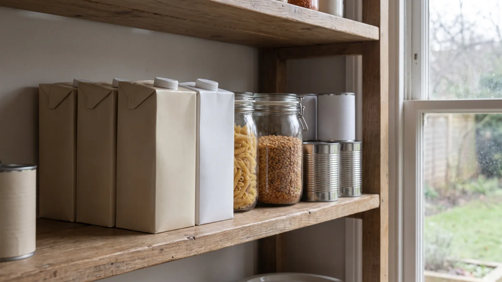 Cartons of long-life milk on a pantry shelf beside tins and dried goods