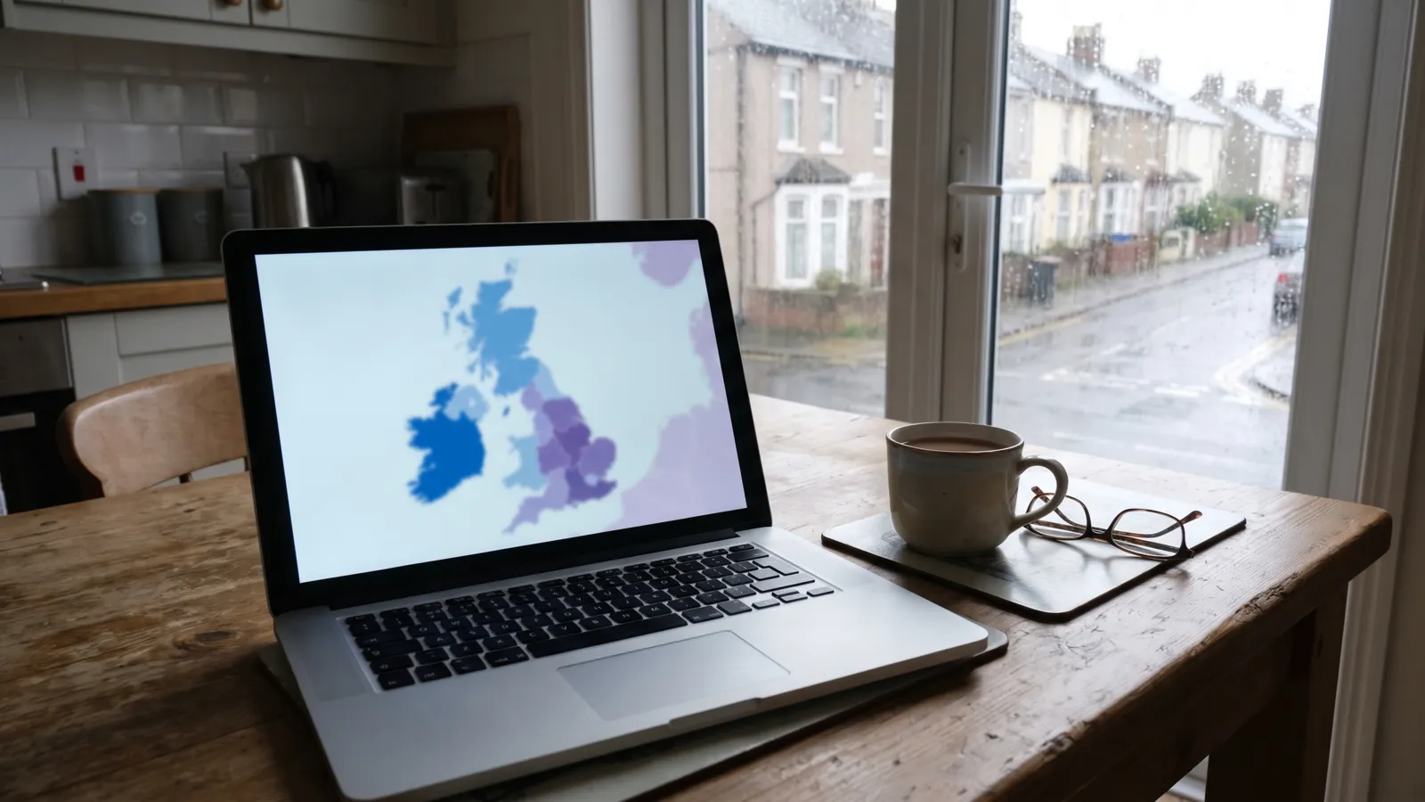 A laptop on a kitchen table showing an out-of-focus blue and purple weather map, with a mug of tea beside it