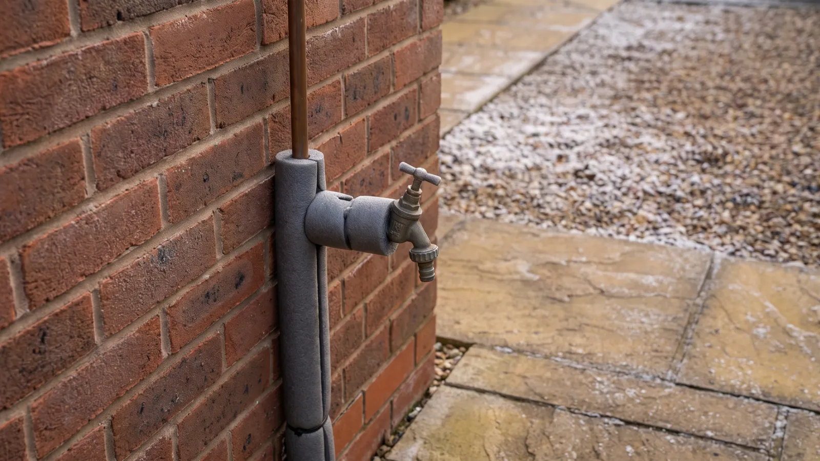 A lagged outside tap and pipe on a brick wall with frost on the paving below