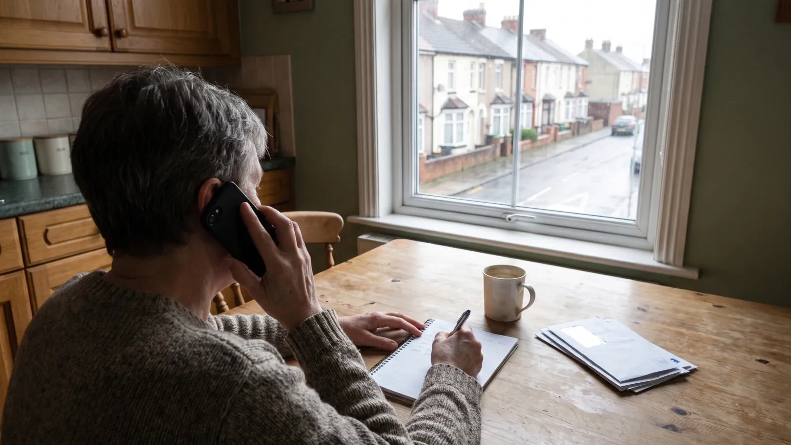 An adult at a kitchen table, seen from behind the shoulder, on a phone call and writing notes on a pad