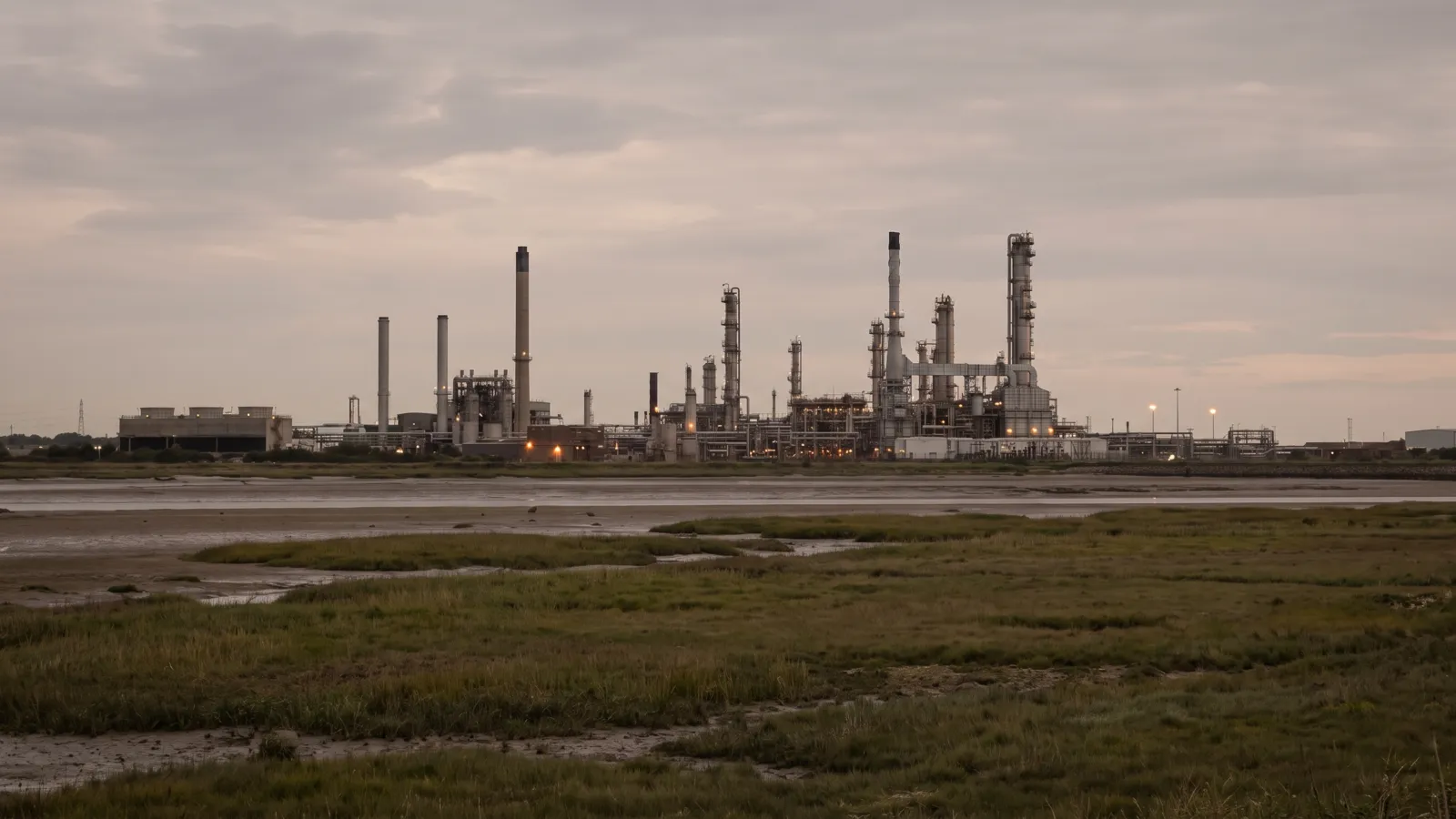 An oil refinery with distillation towers and pipework seen across flat land at dusk